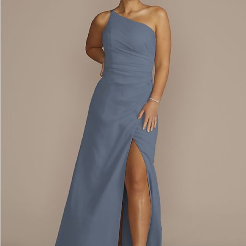 David’s Bridal Steel blue one shoulder crinkle chiffon bridesmaid dress.